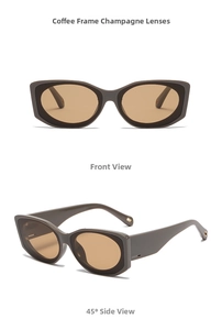 Detail view of coffee frame and champagne lenses on retro rectangular sunglasses