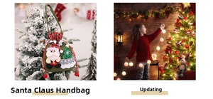 Detail of Christmas Santa drawstring gift bag with festive 3D applique and plaid closure