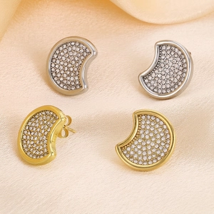 Crescent Moon Ear Studs Stainless Steel Pave Rhinestone 18K Gold Plated Geometric Retro Earrings For Women