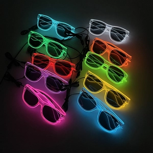 Collection of ten colorful LED neon glasses in a dark setting for parties and clubs