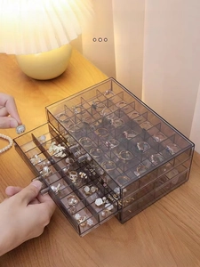 Three-layer clear grey acrylic jewelry organizer with drawers for rings and earrings