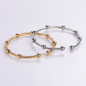 Minimalist 6mm beaded stainless steel wire cable braided open cuff bracelet set