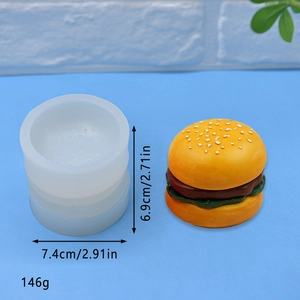 Detail view of multi-layer burger silicone mold with precise dimensions and weight specs
