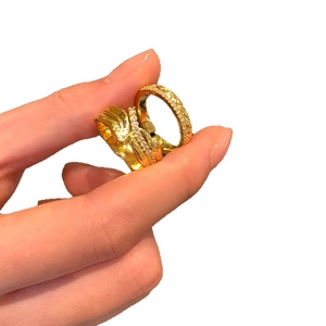 18K gold plated zircon stacking ring set featuring textured organic bands for women
