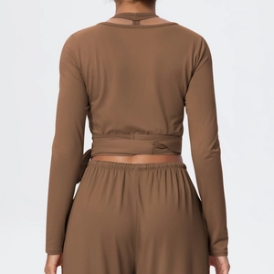 Women's 2-piece yoga set with cross-tie open back crop top and high waist pants in dark brown