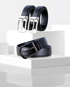 Three men's black lychee pattern leather belts with silver and black alloy buckles