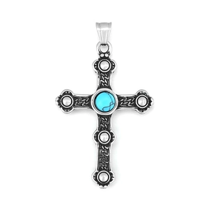 Vintage titanium steel cross pendant with inlaid blue turquoise in retro silver finish
