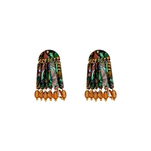 Bohemian tassel earrings with marble acrylic patterns and golden metal accents