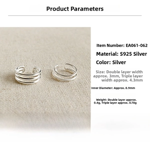 Detail view of double and triple layered S925 sterling silver ear cuffs with dimensions