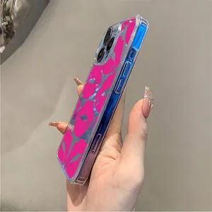 Clear iPhone case with pink lip pattern showing side buttons and soft acrylic texture