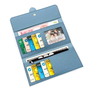 Mist blue long trifold wallet for women in litchi grain PU leather with multi card slots