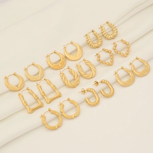 Stainless Steel Geometric Hoop Earrings Gold Plated Bamboo Twisted Heart Crescent Shape Fashion Jewelry For Women