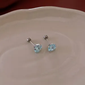 Minimalist light blue zircon stud earrings with secure screw back design in polished silver