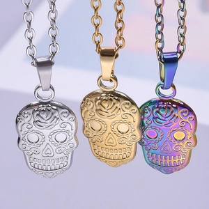 Polished stainless steel skull necklaces in gold, silver and rainbow for DIY jewelry