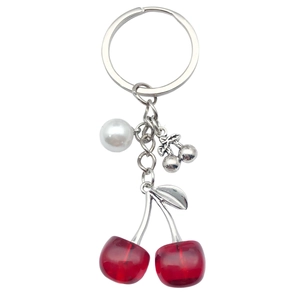 Sweet red cherry keychain with white pearl and silver metal ring for handbags