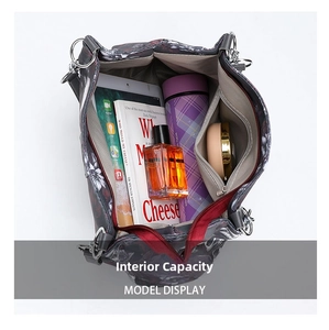 Internal capacity of large floral oxford tote bag showing space for tablet and essentials