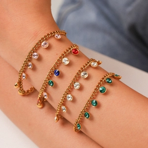 Stainless steel tassel necklace with colorful zircon stones in gold layered style