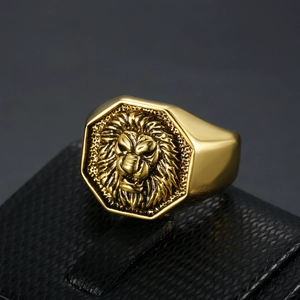 Golden octagon lion head signet ring in stainless steel with a vintage relief finish