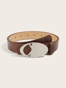 Detail of a coiled brown leather belt featuring a silver oval buckle with hollow design