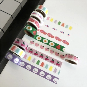 Collection of colorful cartoon washi tapes with cherry, bear and smiley face patterns