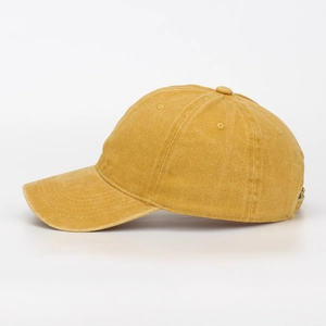 Side view of mustard yellow washed cotton baseball cap with classic 6-panel structure