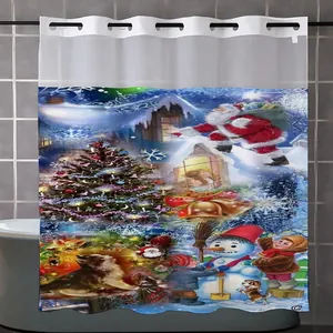 Detail of Christmas shower curtain featuring Santa, snowman and reinforced metal eyelets
