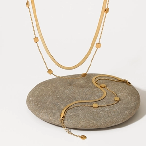 Minimalist double layer gold stainless steel necklace with snake chain and square pendants