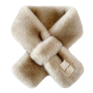 Winter faux rabbit fur cross scarf in beige with SEZF SERVICE woven brand label