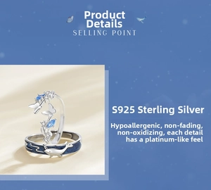 Detail of S925 silver rings with blue zircon butterfly and whale wave enamel design