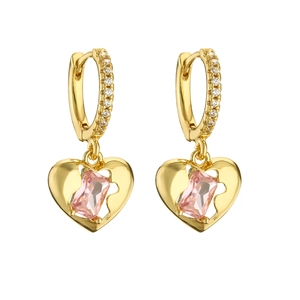 Golden heart drop hoop earrings with sparkling pink gemstone and micro-pave white zircons