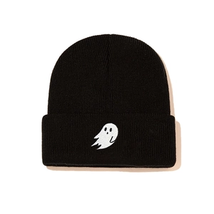 Unisex black winter beanie hat featuring a cute white ghost embroidery on the folded cuff