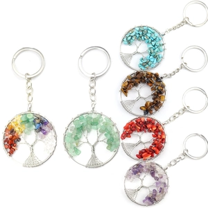 Tree Of Life Keychain Natural Stone Copper Wire Wrapped Round Pendant Bag Hanging Charm Bohemian Jewelry Accessory For Gift