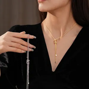 Minimalist zircon circle pendant necklace with long tassel and heart charm in gold or silver