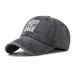 Distressed charcoal cotton baseball cap with white 'I'M RIGHT' slogan embroidery