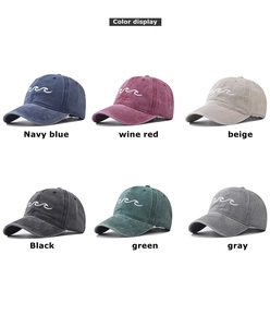 Grid display showing six colors of washed cotton baseball caps with wave embroidery