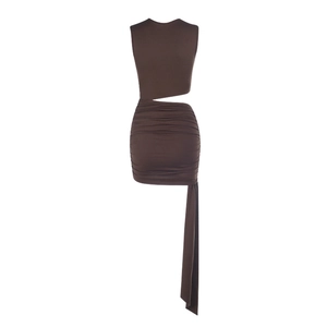 Detail of the waist cutout and long decorative streamers on this brown sleeveless dress