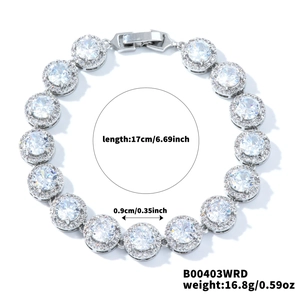 Detail of silver chain bracelet with 17cm length and round cubic zirconia cluster links