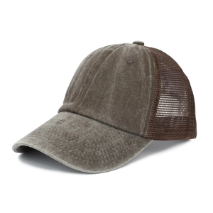 Side view of washed dark grey trucker hat with breathable mesh and curved brim