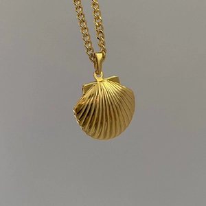 Detailopname van de gouden schelphanger aan een elegante ketting van titaniumstaal