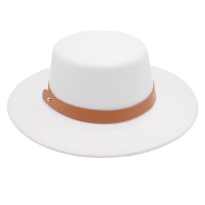 Detailed view of white wool boater hat with brown leather band and metallic button