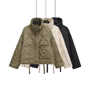 Relaxed fit quilted jacket with stand collar and drawstring cuffs in three solid colors