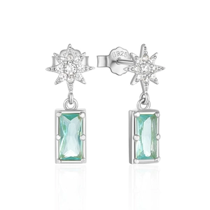 Detail of S925 sterling silver star earring with blue sapphire gemstone and clear diamonds