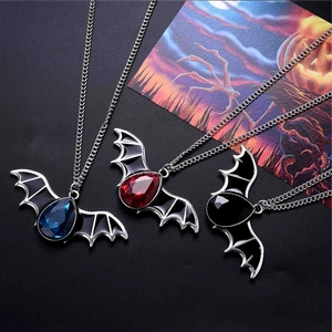 Gothic bat pendant necklace with colorful crystal stones in blue red and black styles