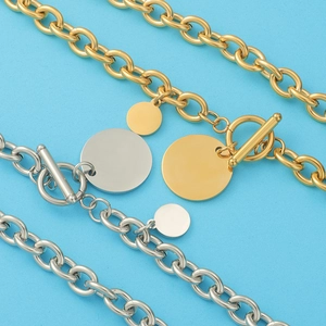 Chunky stainless steel OT buckle chain necklace with round pendant in gold and silver