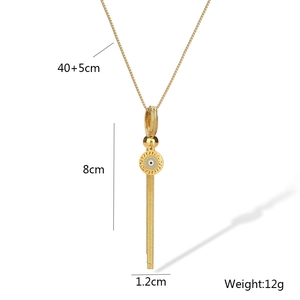 Detailed dimensions of gold tassel necklace with evil eye pendant and zircon droplet