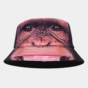 Double-sided reversible bucket hat with realistic brown gorilla face print for outdoor shade