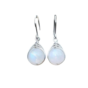 Elegant wire-wrapped silver earrings featuring iridescent moonstone gems for women