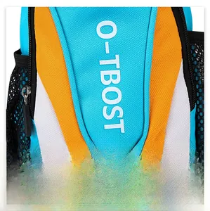 Detail of screen-printed logo and color block design on durable Oxford fabric backpack