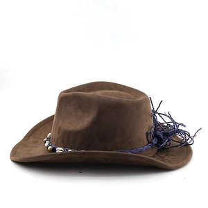 Detail of dark coffee suede cowboy hat featuring blue braided rope and bead accents