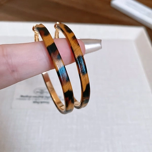 Detail of leopard print hoop earrings with gold-tone frames on a white tray